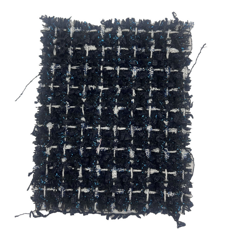 Mewah Biru Tua dengan Campuran Biru Metalik Periksa Kain Tweed Untuk Pakaian Wanita 23511